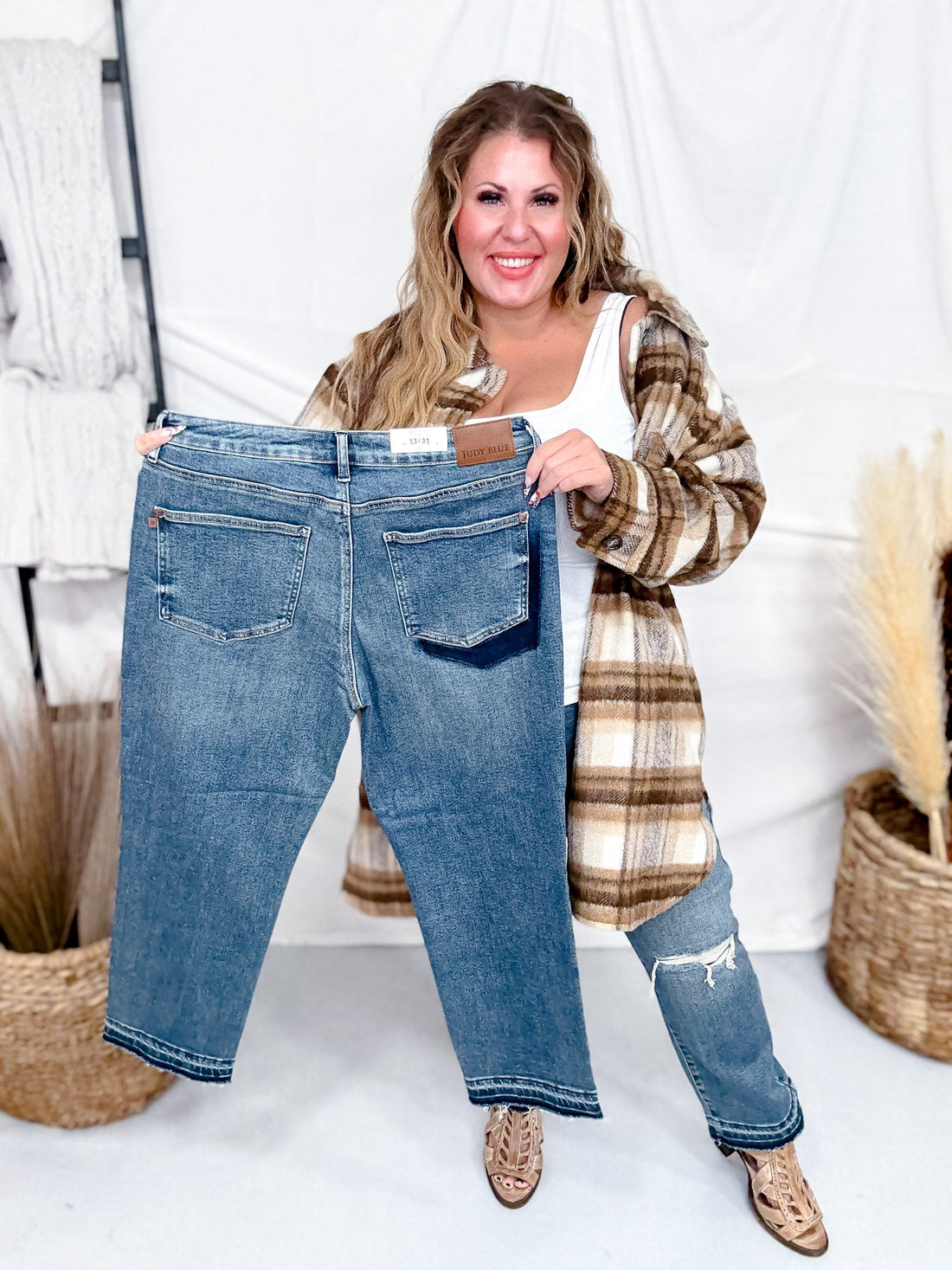 Judy Blue Mid - Rise Boyfriend Patch & Repair Jeans - Whiskey Skies - JUDY BLUE