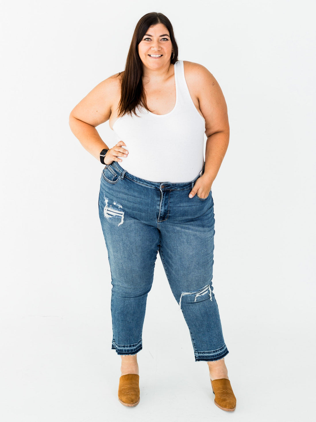 Judy Blue Mid - Rise Boyfriend Patch & Repair Jeans - Whiskey Skies - JUDY BLUE