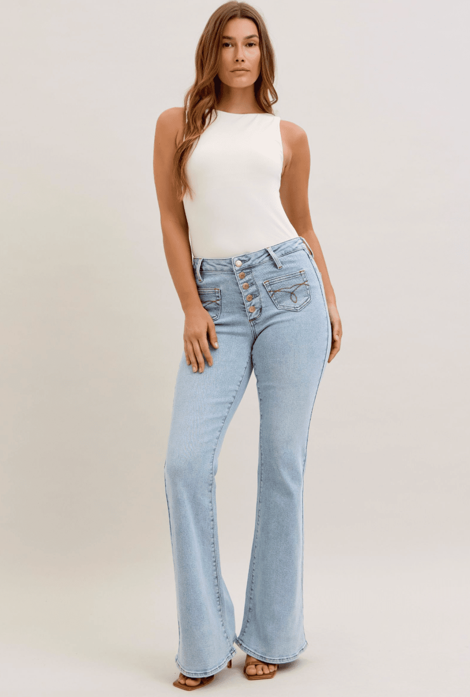 Judy Blue Mid Rise Button Fly Flares With Embroidered Pockets - Whiskey Skies - JUDY BLUE