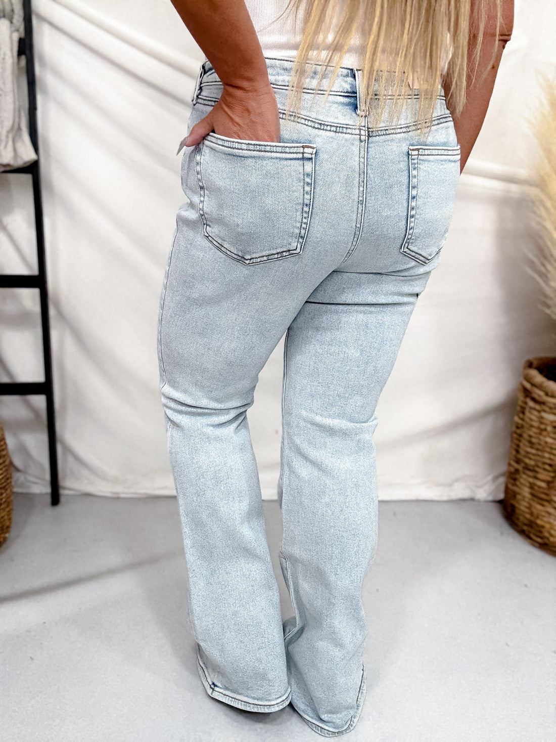 Judy Blue Mid Rise Button Fly Flares With Embroidered Pockets - Whiskey Skies - JUDY BLUE