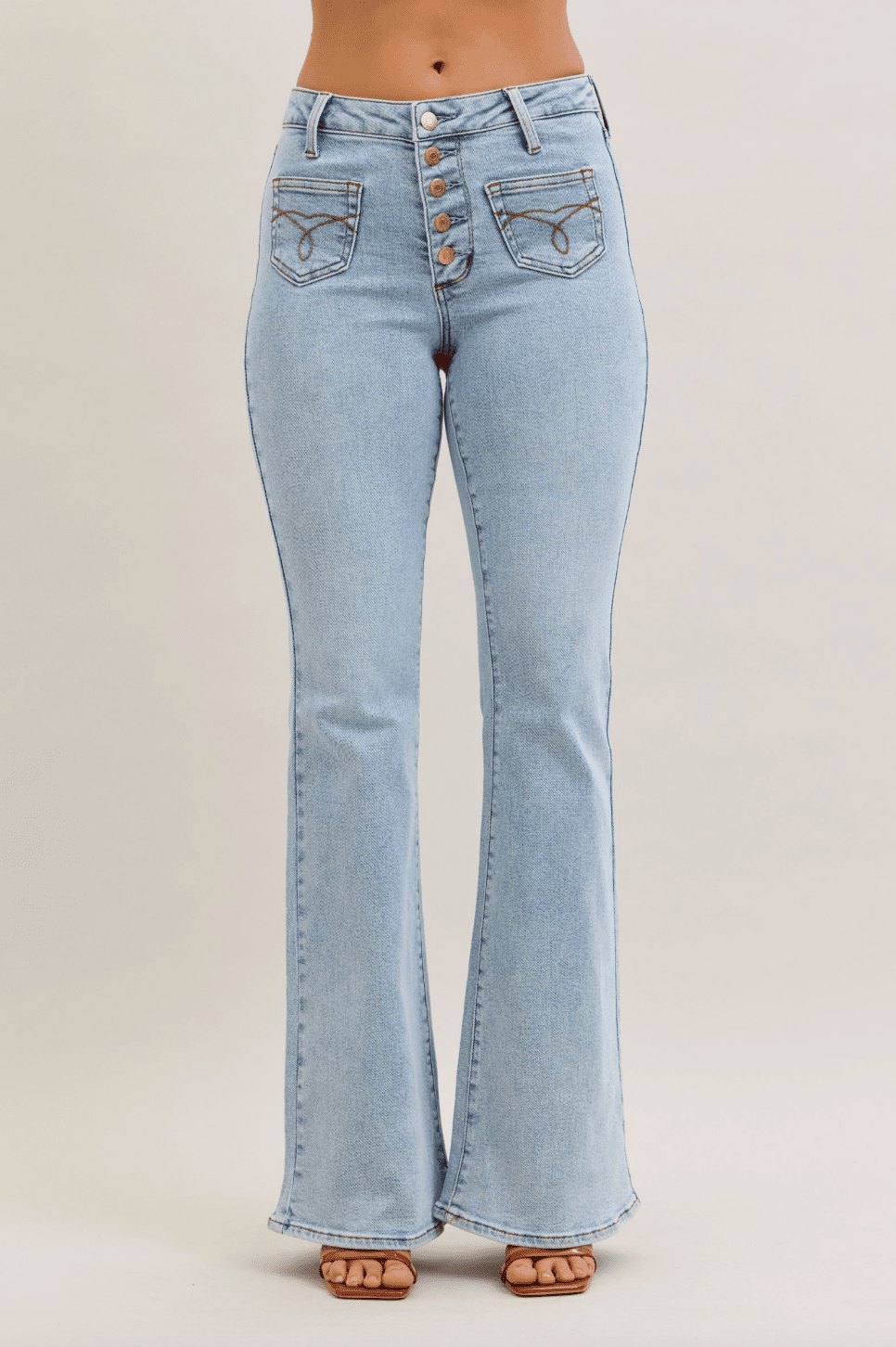 Judy Blue Mid Rise Button Fly Flares With Embroidered Pockets - Whiskey Skies - JUDY BLUE