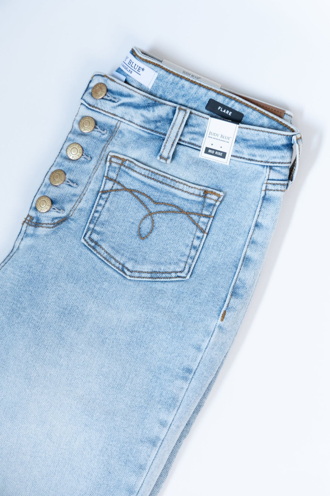 Judy Blue Mid Rise Button Fly Flares With Embroidered Pockets - Whiskey Skies - JUDY BLUE