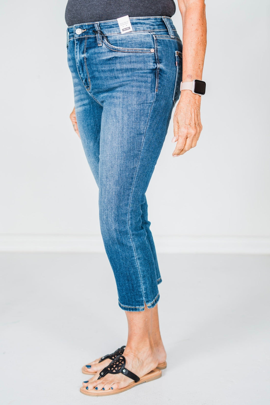 Judy Blue Mid Rise Capri With Side Slit - Whiskey Skies - JUDY BLUE