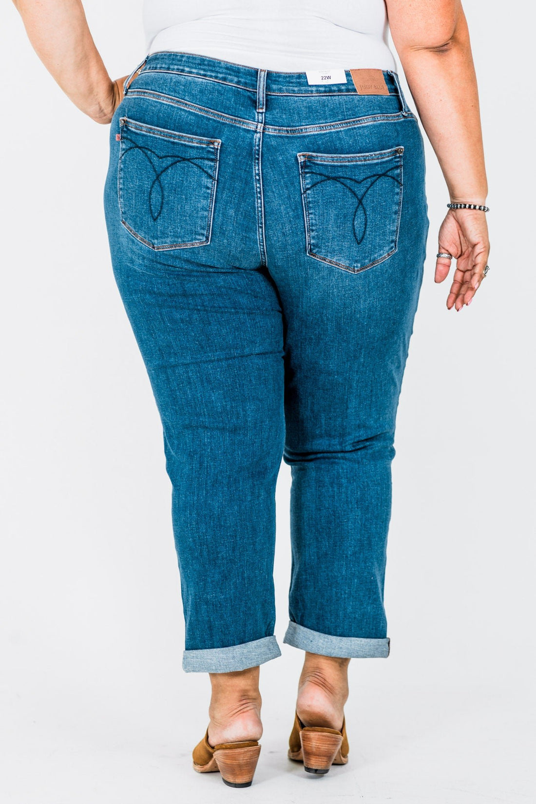 Judy Blue Mid - Rise Classic Cuffed Boyfriend Jeans - Whiskey Skies - JUDY BLUE