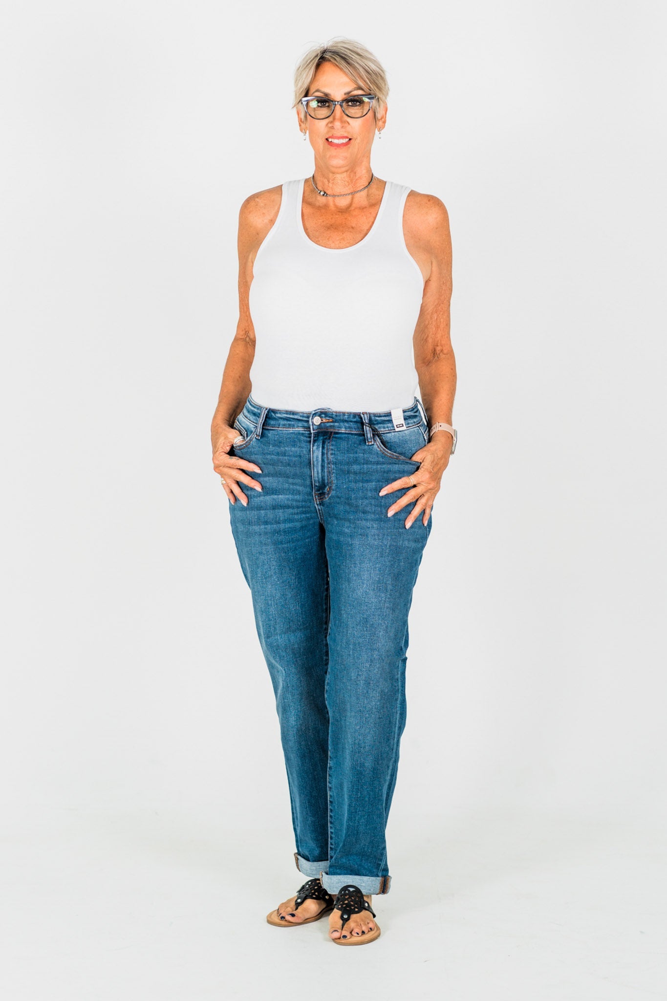 Judy Blue Mid - Rise Classic Cuffed Boyfriend Jeans - Whiskey Skies - JUDY BLUE