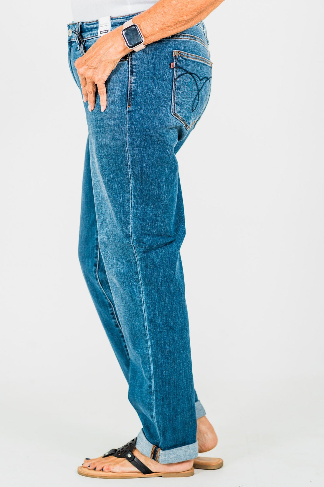 Judy Blue Mid - Rise Classic Cuffed Boyfriend Jeans - Whiskey Skies - JUDY BLUE