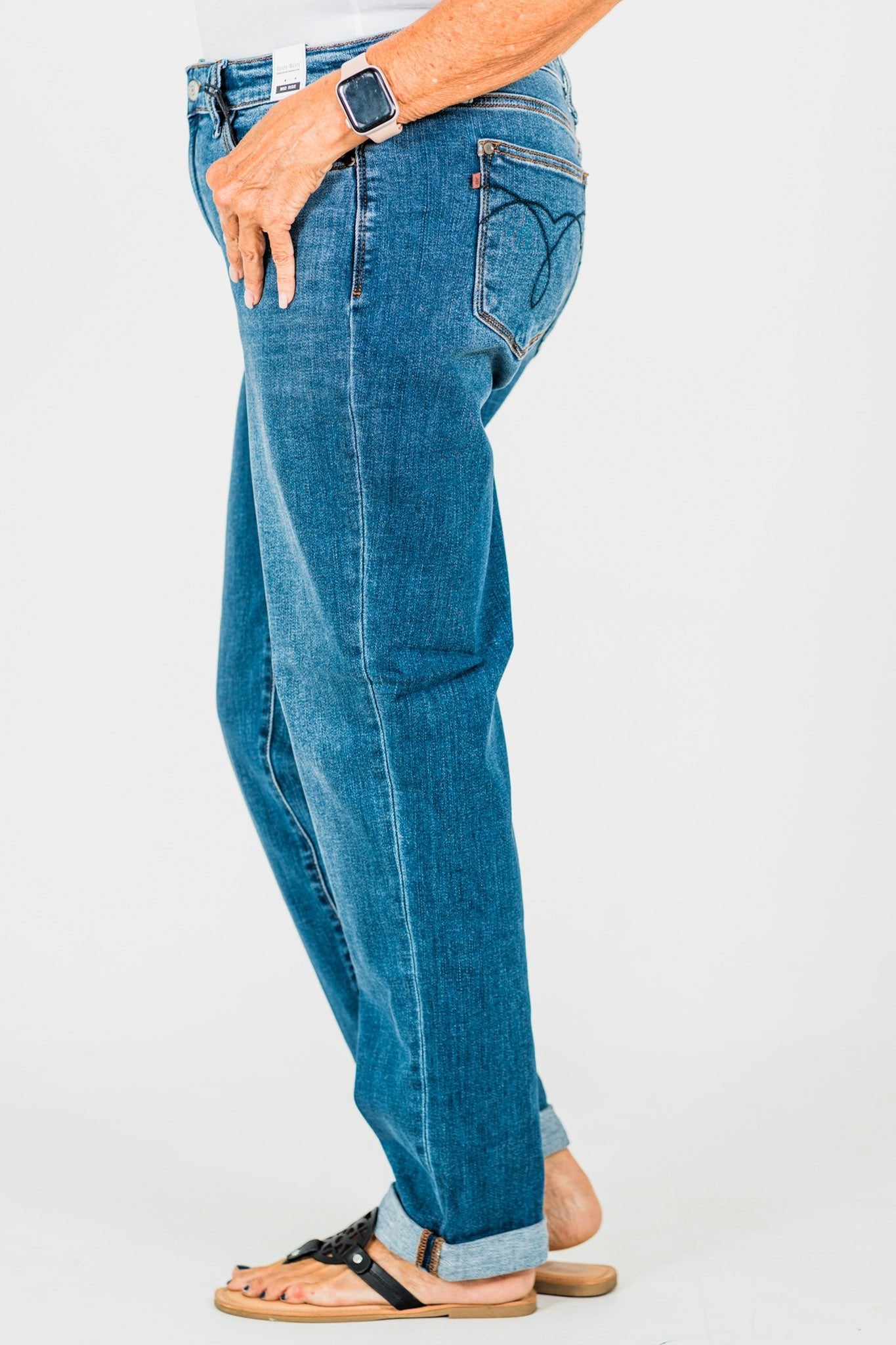 Judy Blue Mid - Rise Classic Cuffed Boyfriend Jeans - Whiskey Skies - JUDY BLUE