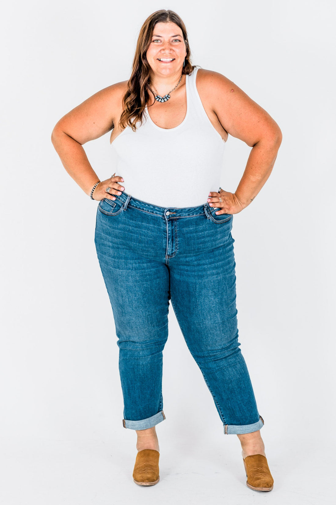 Judy Blue Mid - Rise Classic Cuffed Boyfriend Jeans - Whiskey Skies - JUDY BLUE