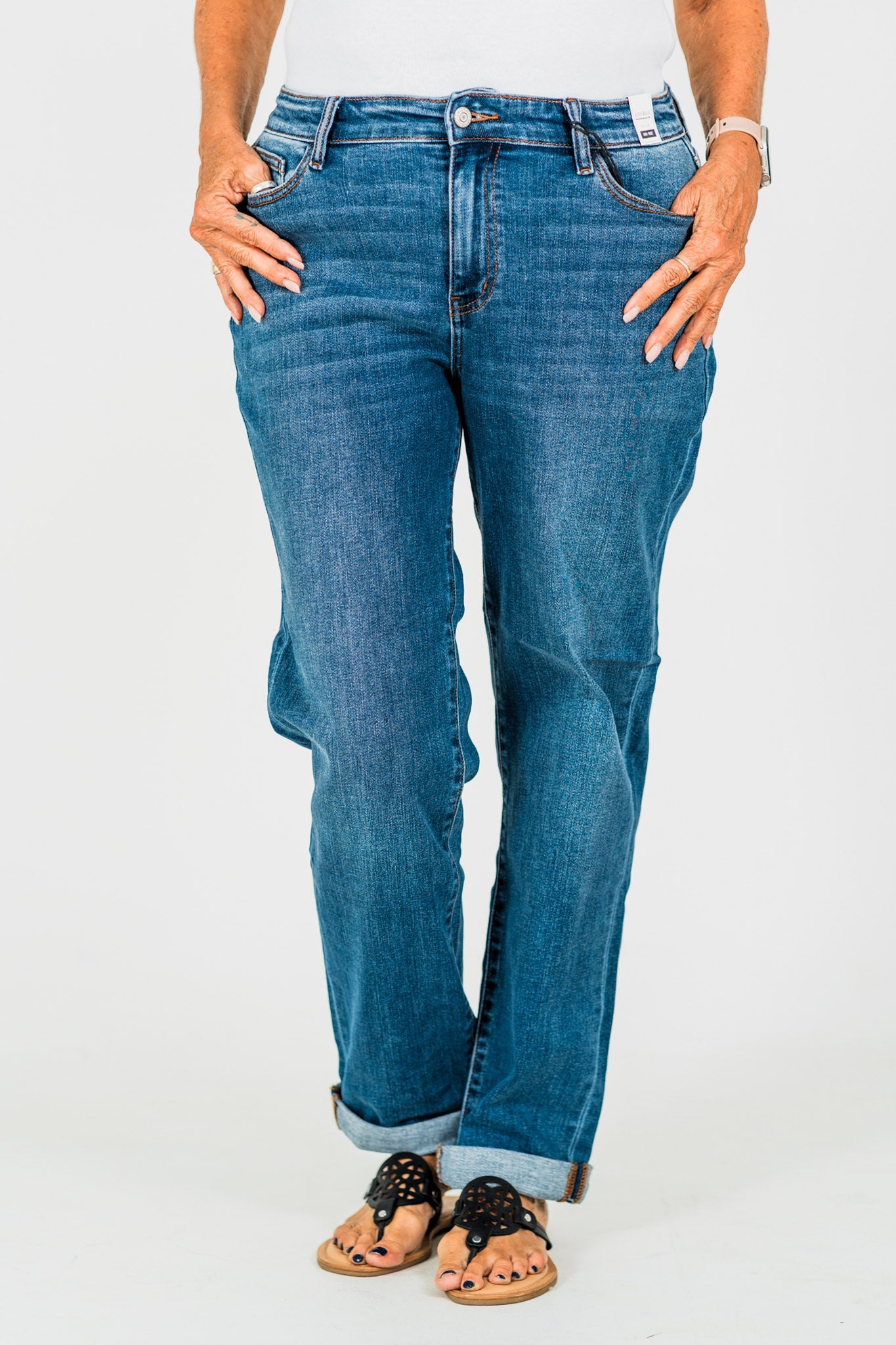 Judy Blue Mid - Rise Classic Cuffed Boyfriend Jeans - Whiskey Skies - JUDY BLUE