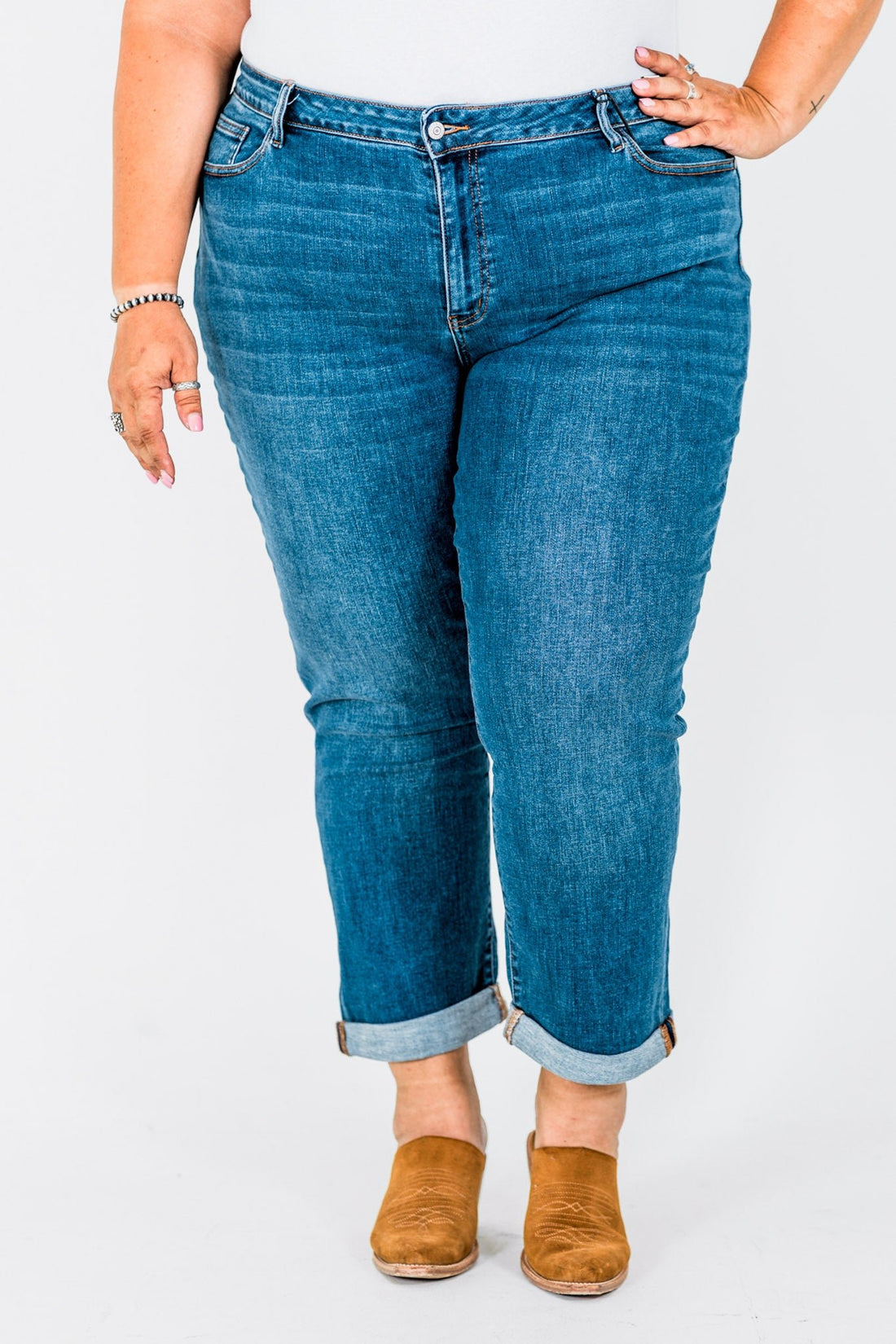 Judy Blue Mid - Rise Classic Cuffed Boyfriend Jeans - Whiskey Skies - JUDY BLUE
