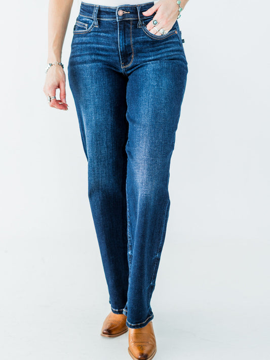 Judy Blue Mid Rise Classic Straight Leg Dark Wash Jeans (Short/Regular/Long) - Whiskey Skies - JUDY BLUE
