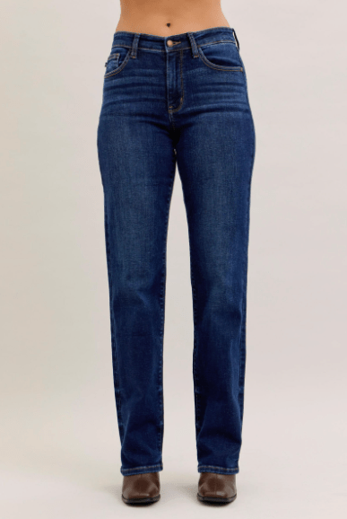Judy Blue Mid Rise Classic Straight Leg Dark Wash Jeans (Short/Regular/Long) - Whiskey Skies - JUDY BLUE