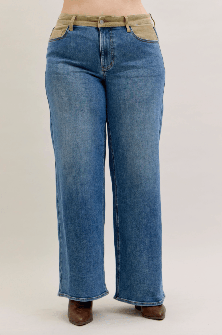 Judy Blue Mid Rise Column Straight Jeans With Corduroy Waist - Whiskey Skies - JUDY BLUE