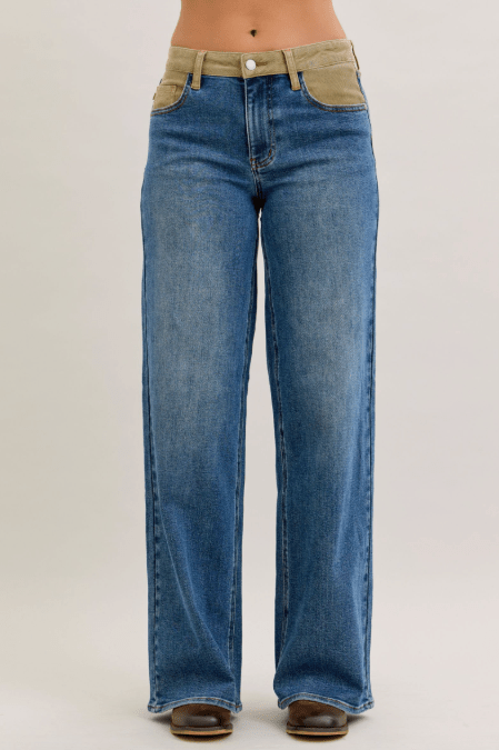 Judy Blue Mid Rise Column Straight Jeans With Corduroy Waist - Whiskey Skies - JUDY BLUE