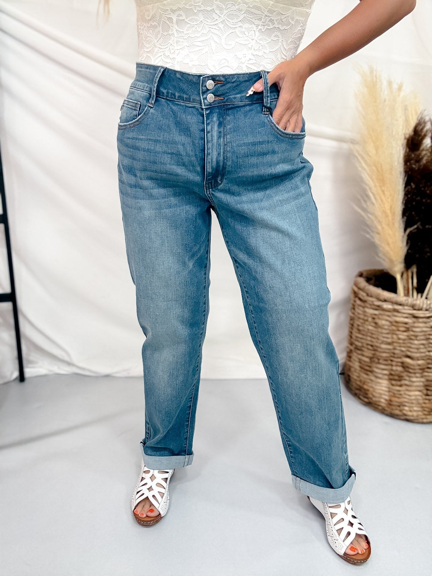 Judy Blue Mid Rise Cool Denim Boyfriend Jeans - Whiskey Skies - JUDY BLUE