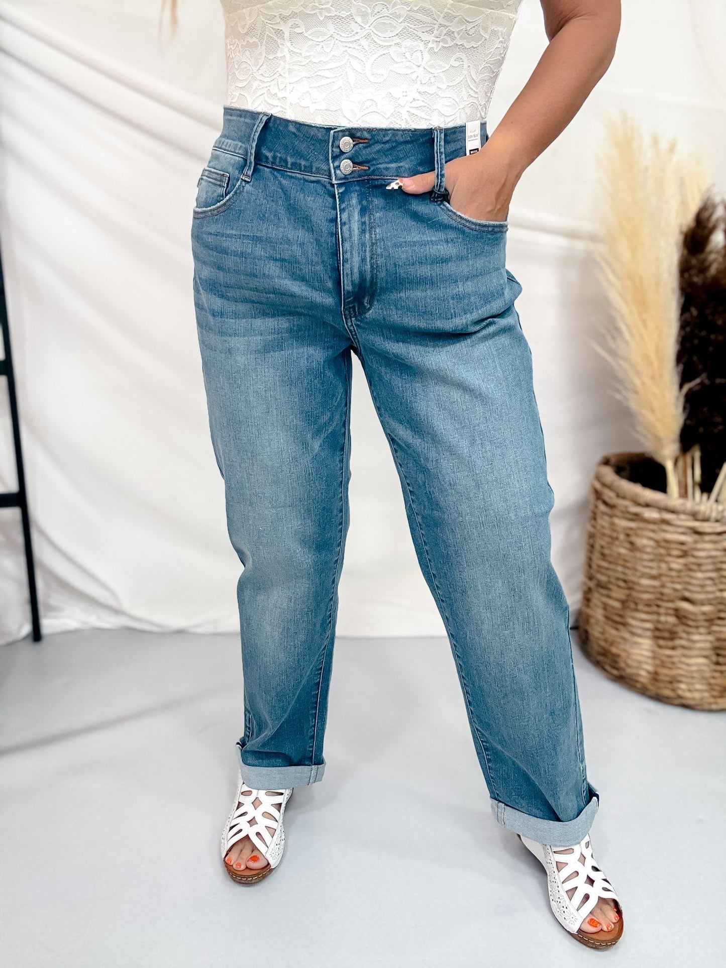 Judy Blue Mid Rise Cool Denim Boyfriend Jeans - Whiskey Skies - JUDY BLUE