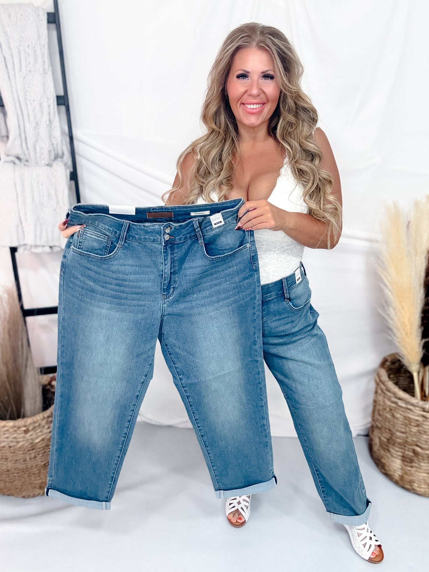 Judy Blue Mid Rise Cool Denim Boyfriend Jeans - Whiskey Skies - JUDY BLUE