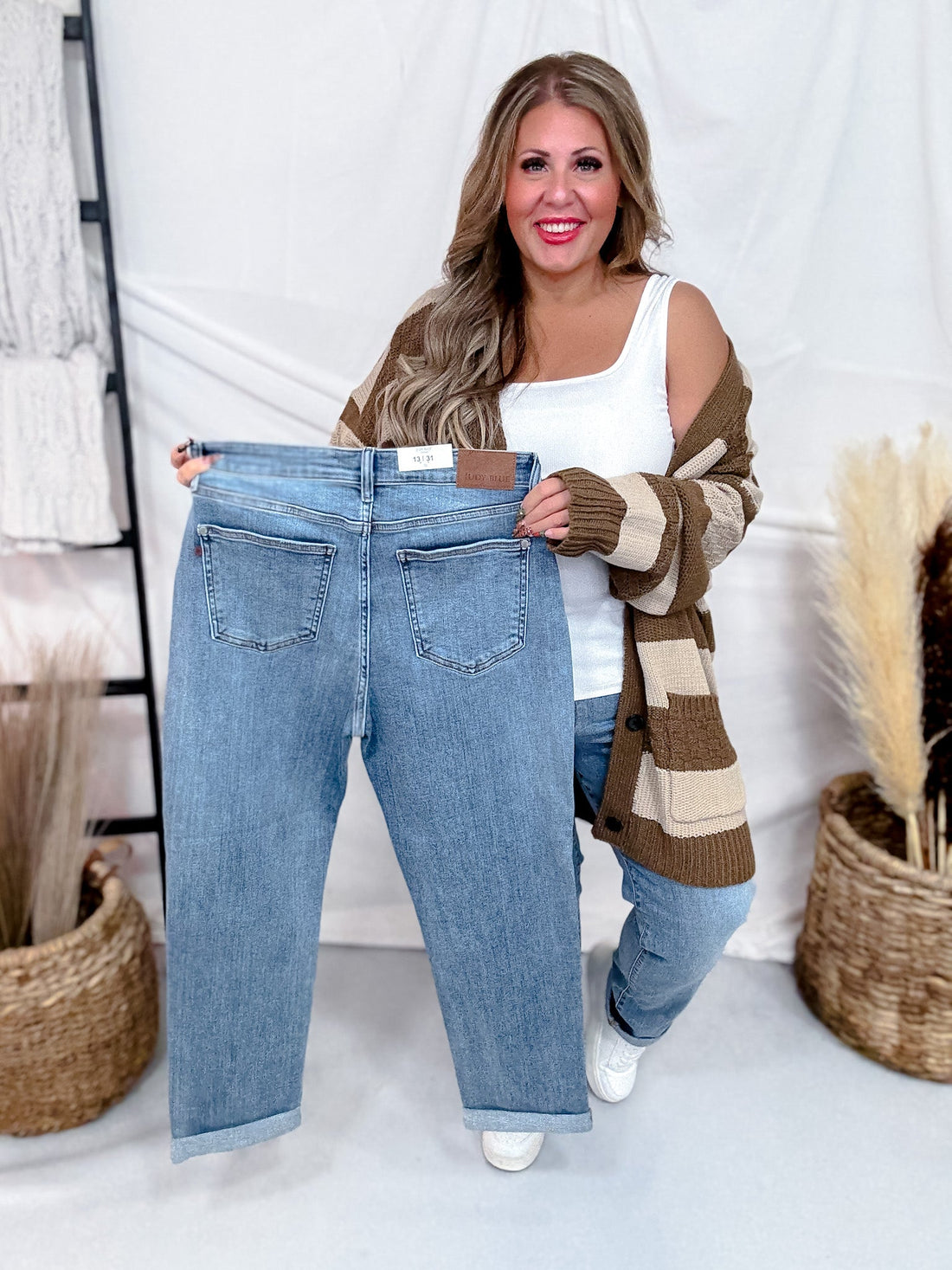 Judy Blue Mid Rise Cuffed Boyfriend Jeans - Whiskey Skies - JUDY BLUE