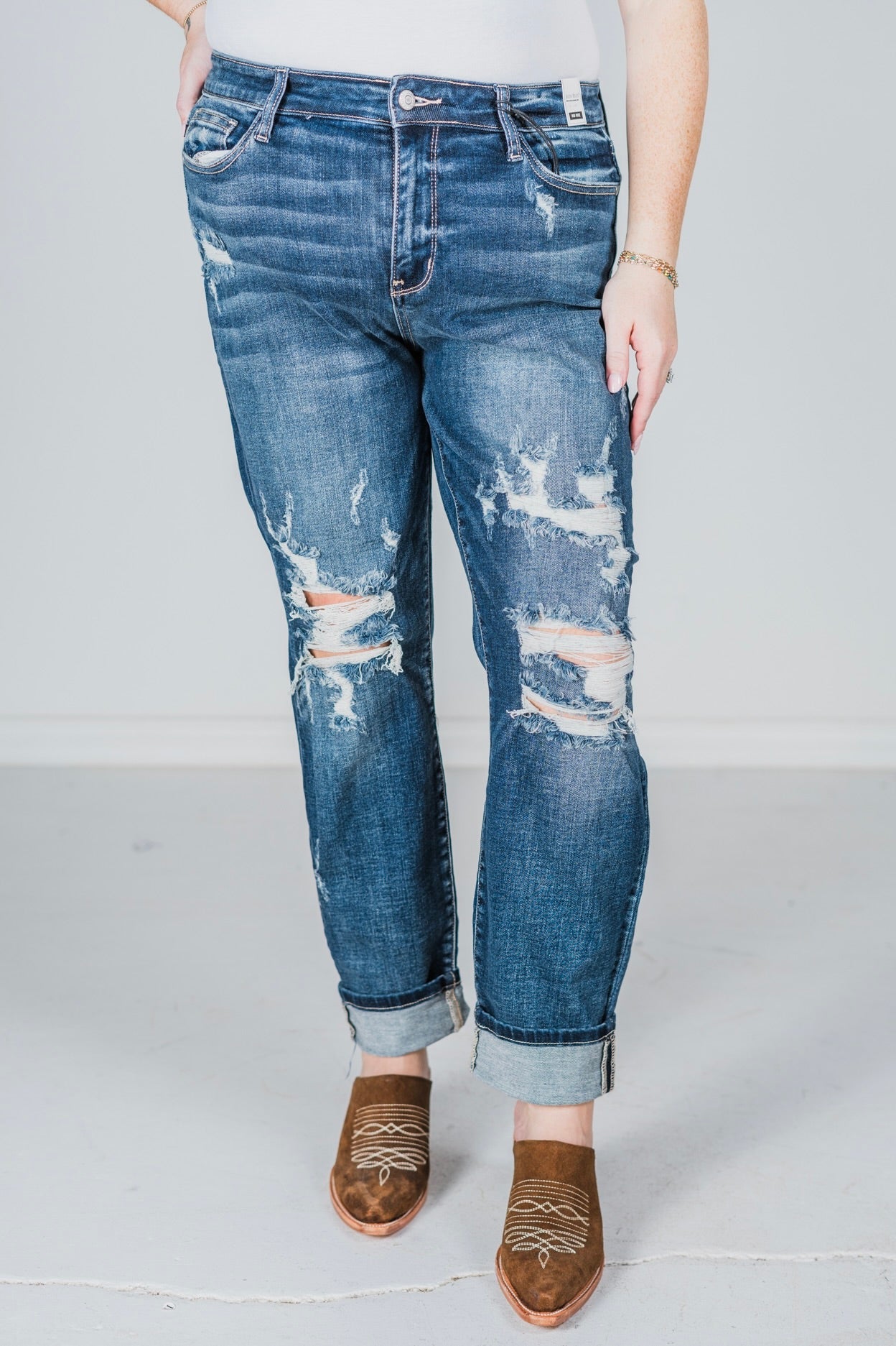 Judy Blue Mid Rise Cuffed Destroy Boyfriend Jeans - Whiskey Skies - JUDY BLUE