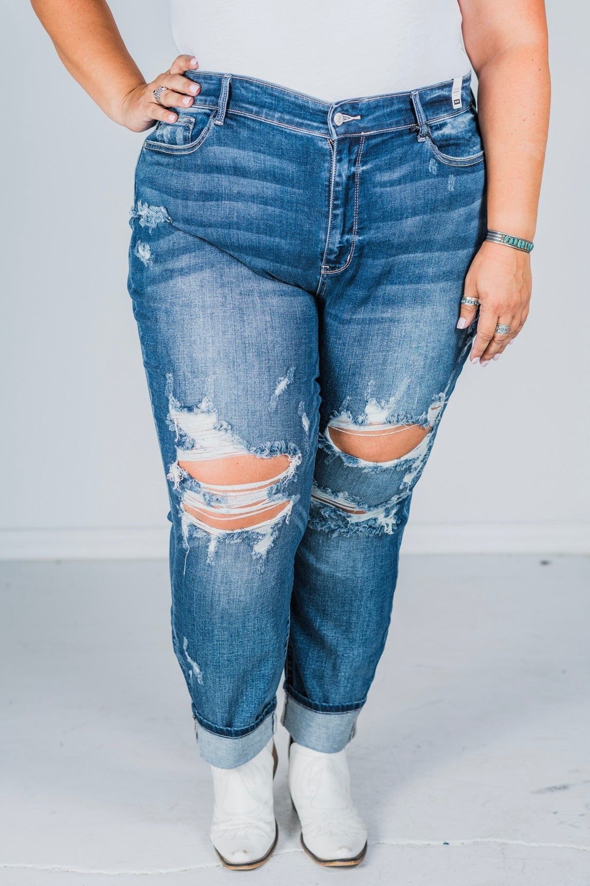 Judy Blue Mid Rise Cuffed Destroy Boyfriend Jeans - Whiskey Skies - JUDY BLUE