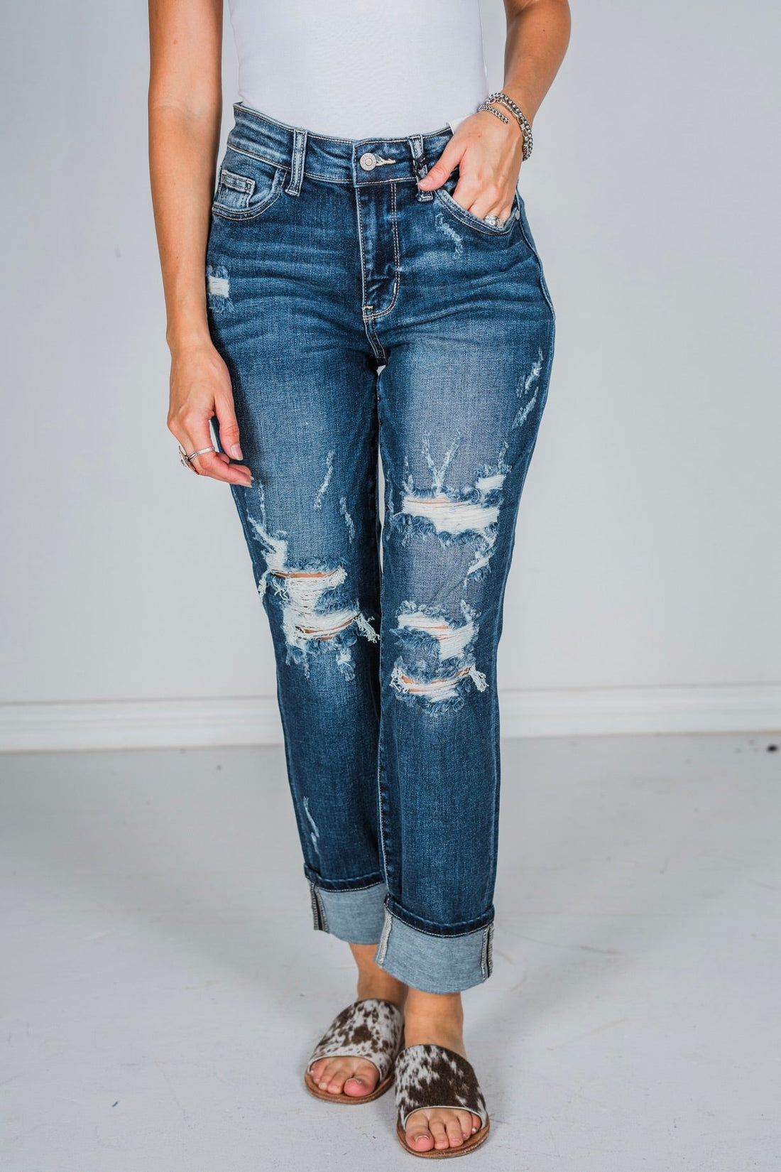 Judy Blue Mid Rise Cuffed Destroy Boyfriend Jeans - Whiskey Skies - JUDY BLUE