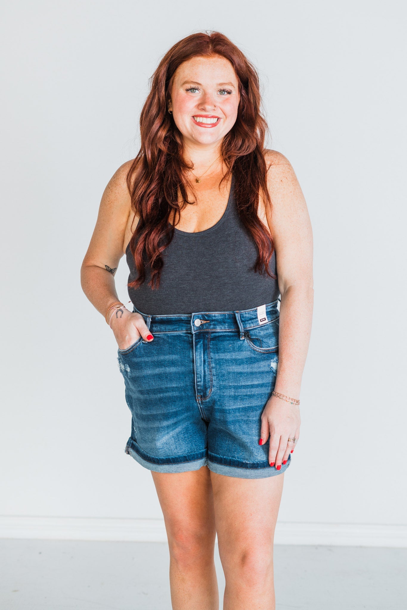 Judy Blue Mid - Rise Dad Shorts with Cell Phone Pocket - Whiskey Skies - JUDY BLUE