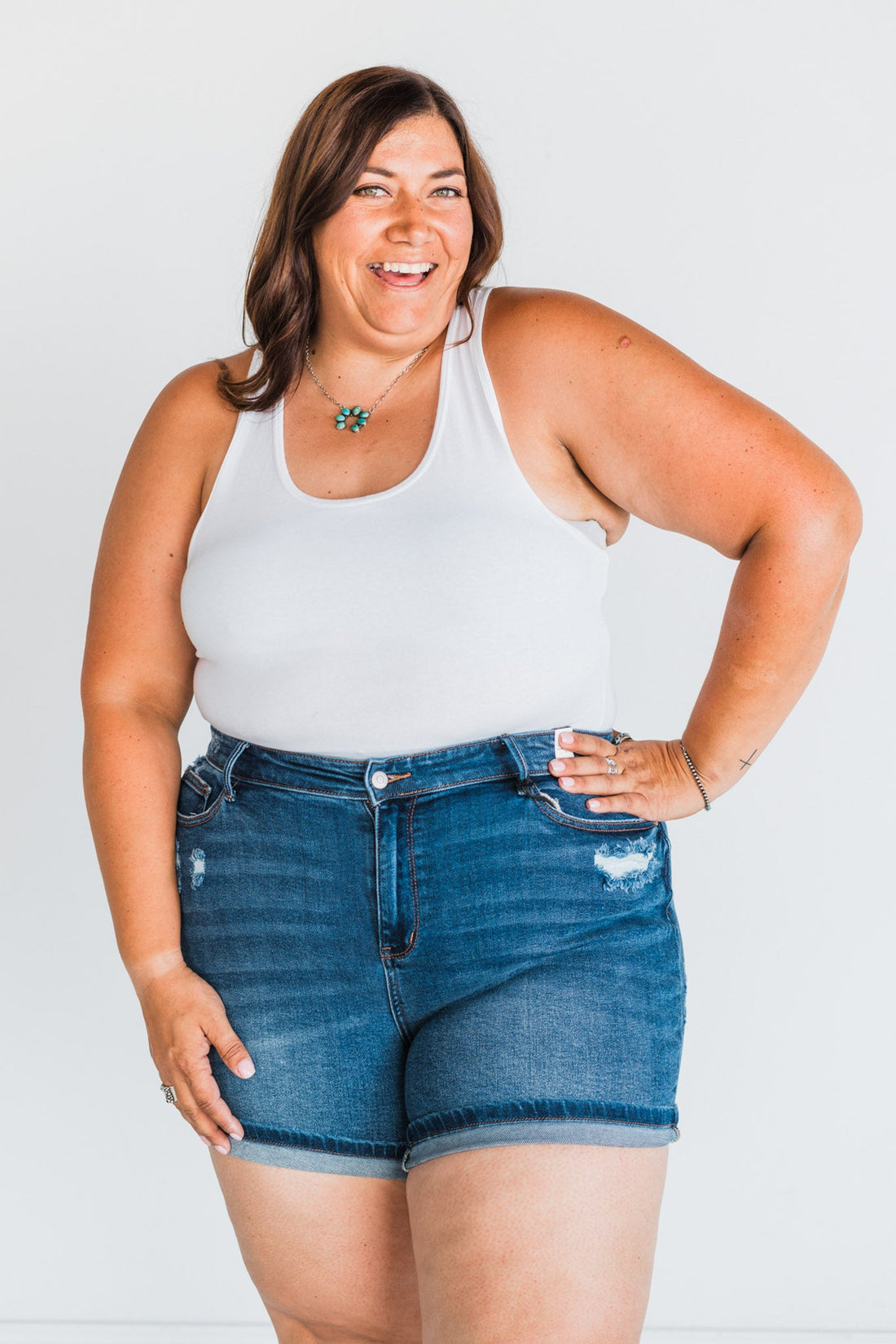 Judy Blue Mid - Rise Dad Shorts with Cell Phone Pocket - Whiskey Skies - JUDY BLUE