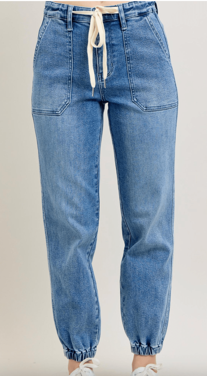 Judy Blue Mid - Rise Denim Joggers - Whiskey Skies - JUDY BLUE