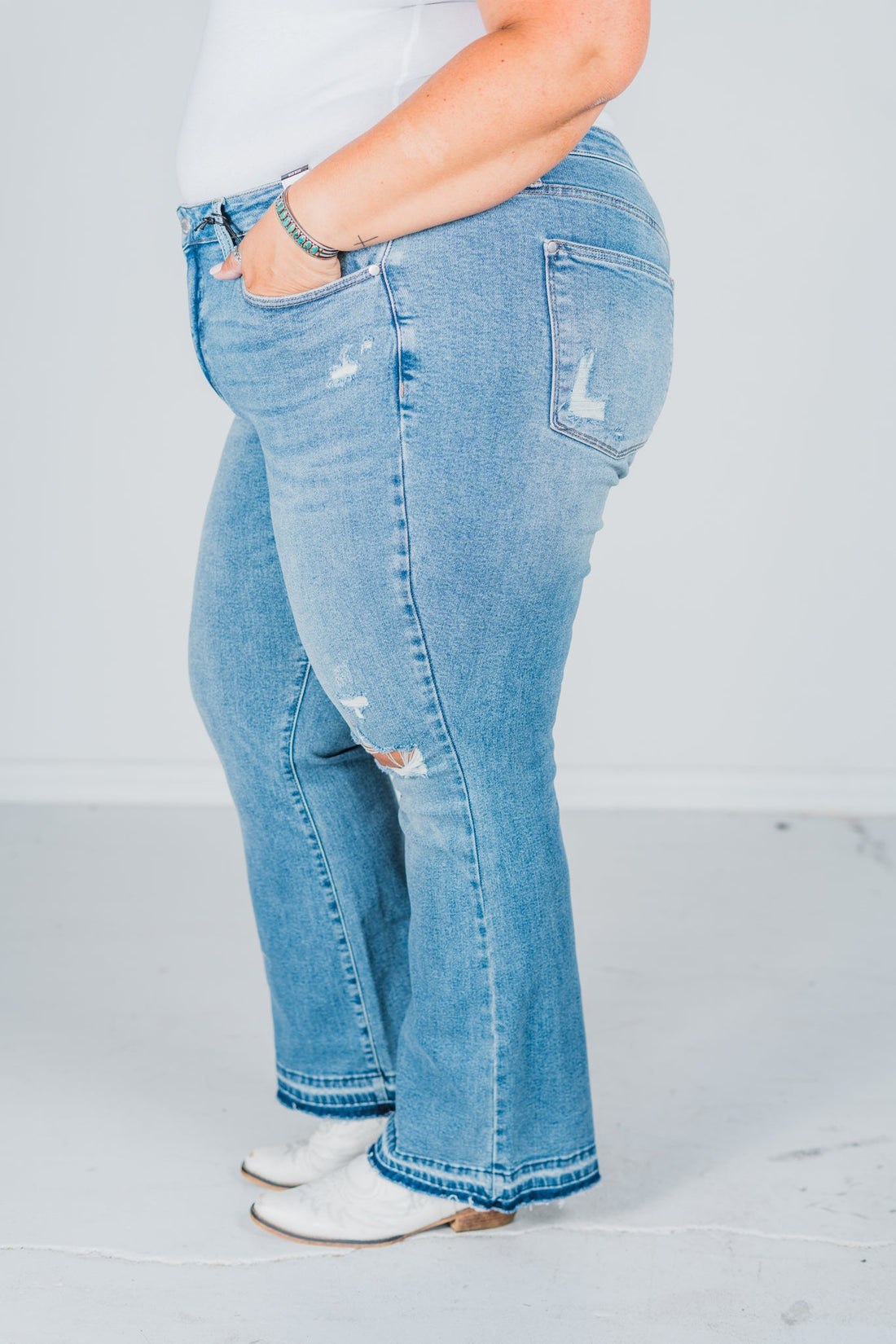 Judy Blue Mid - Rise Destroy & Released Hem Bootcut Jeans - Whiskey Skies - JUDY BLUE