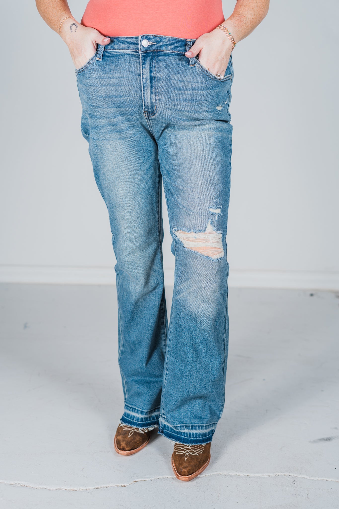 Judy Blue Mid - Rise Destroy & Released Hem Bootcut Jeans - Whiskey Skies - JUDY BLUE