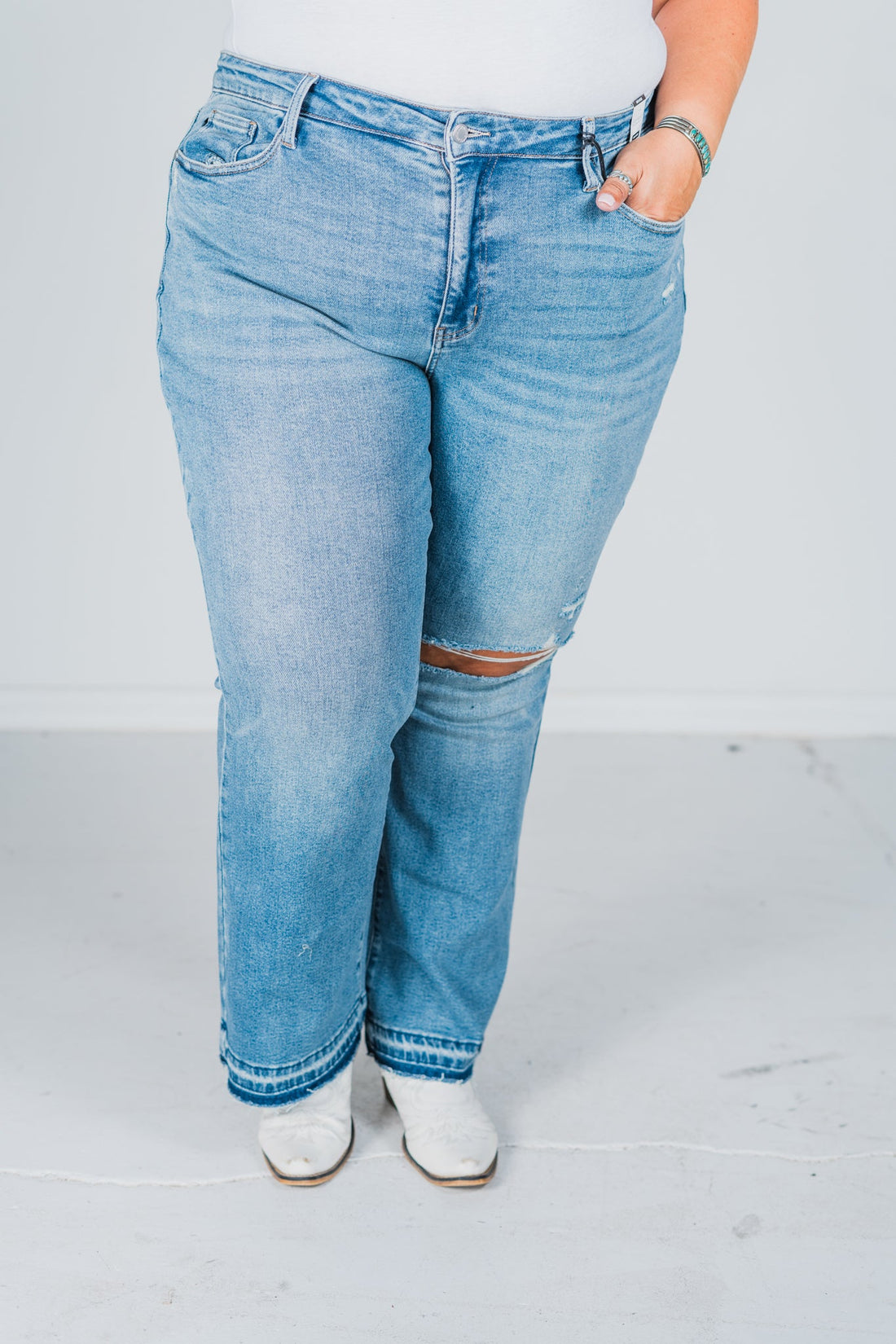 Judy Blue Mid - Rise Destroy & Released Hem Bootcut Jeans - Whiskey Skies - JUDY BLUE