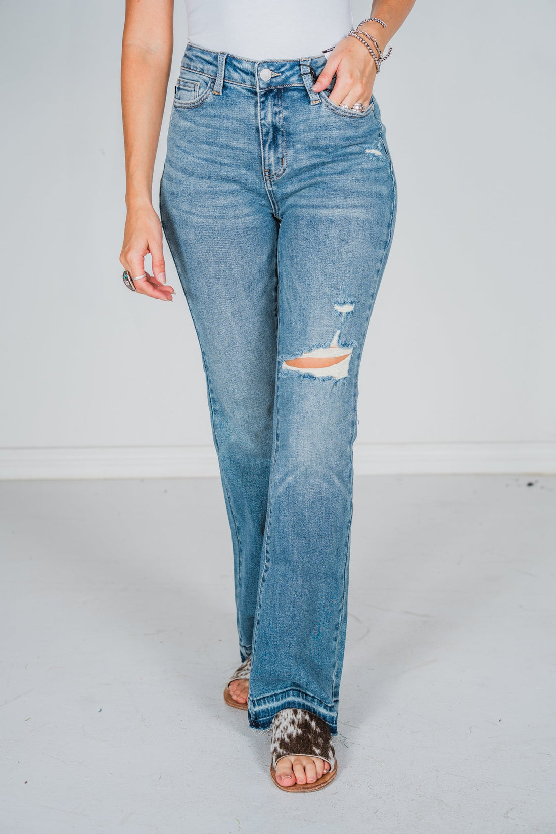 Judy Blue Mid - Rise Destroy & Released Hem Bootcut Jeans - Whiskey Skies - JUDY BLUE