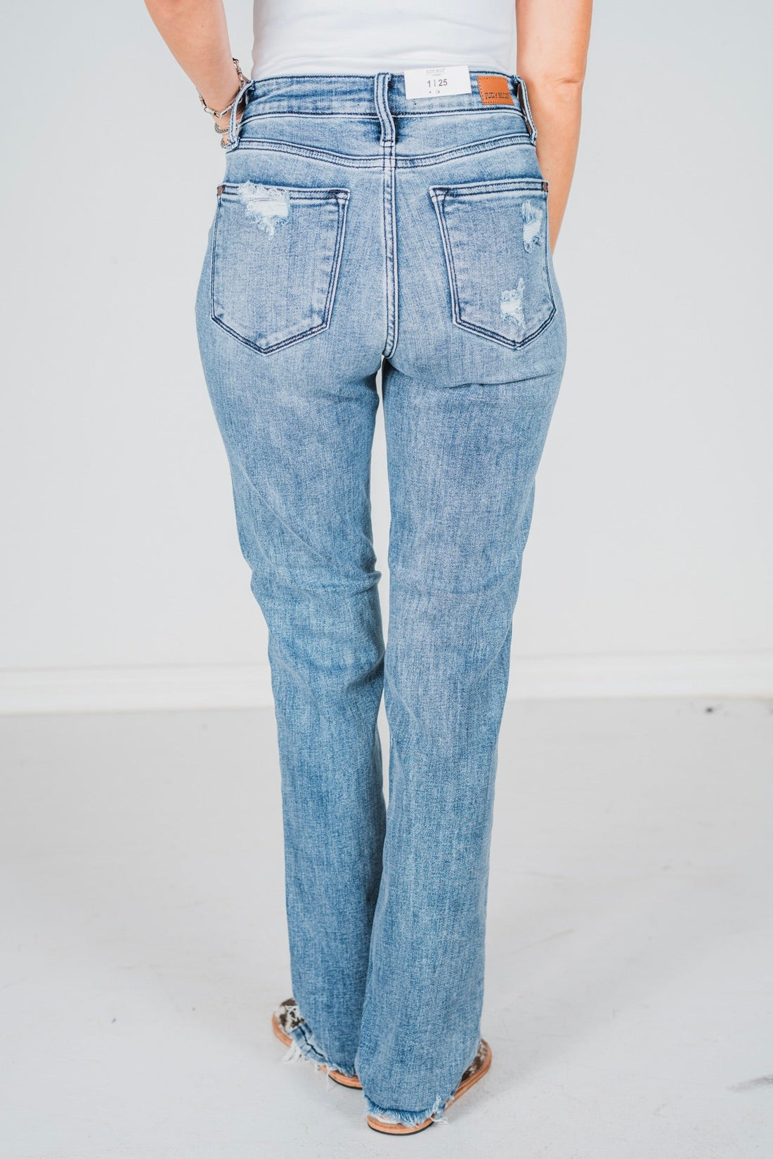 Judy Blue Mid - Rise Destroy Straight Jeans - Whiskey Skies - JUDY BLUE