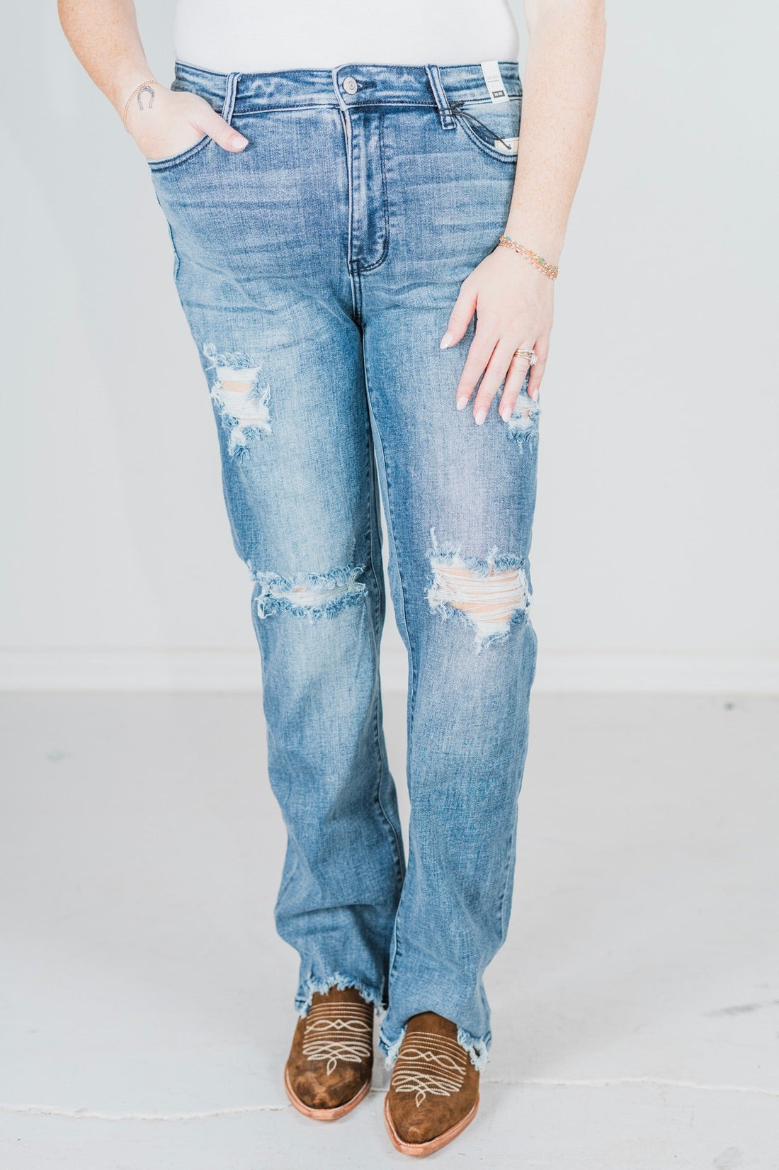 Judy Blue Mid - Rise Destroy Straight Jeans - Whiskey Skies - JUDY BLUE