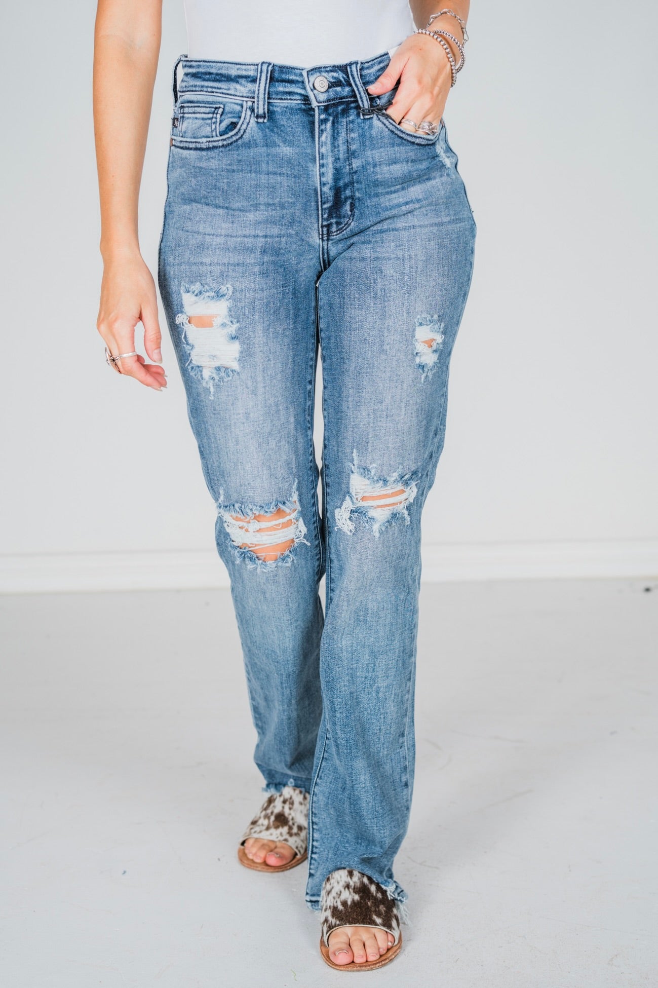 Judy Blue Mid - Rise Destroy Straight Jeans - Whiskey Skies - JUDY BLUE