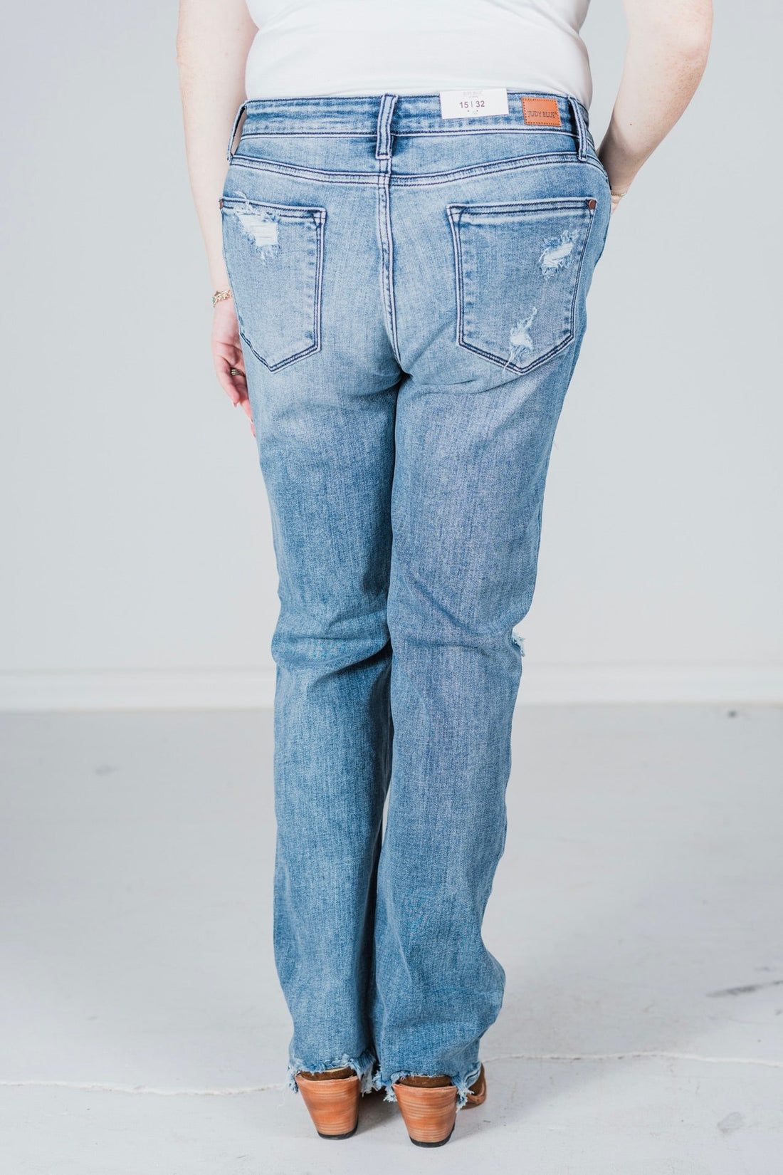 Judy Blue Mid - Rise Destroy Straight Jeans - Whiskey Skies - JUDY BLUE