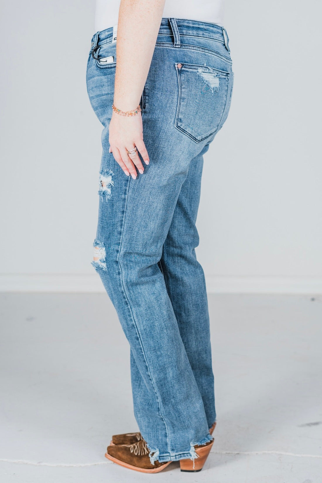 Judy Blue Mid - Rise Destroy Straight Jeans - Whiskey Skies - JUDY BLUE