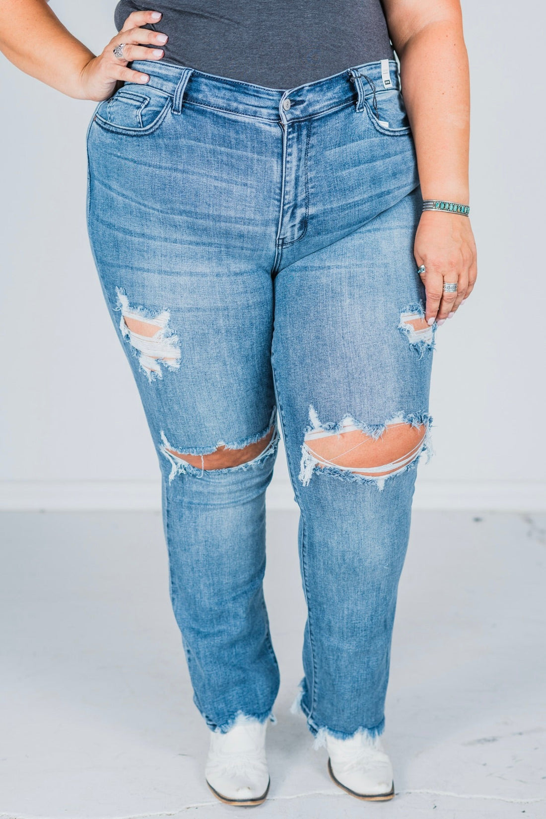 Judy Blue Mid - Rise Destroy Straight Jeans - Whiskey Skies - JUDY BLUE