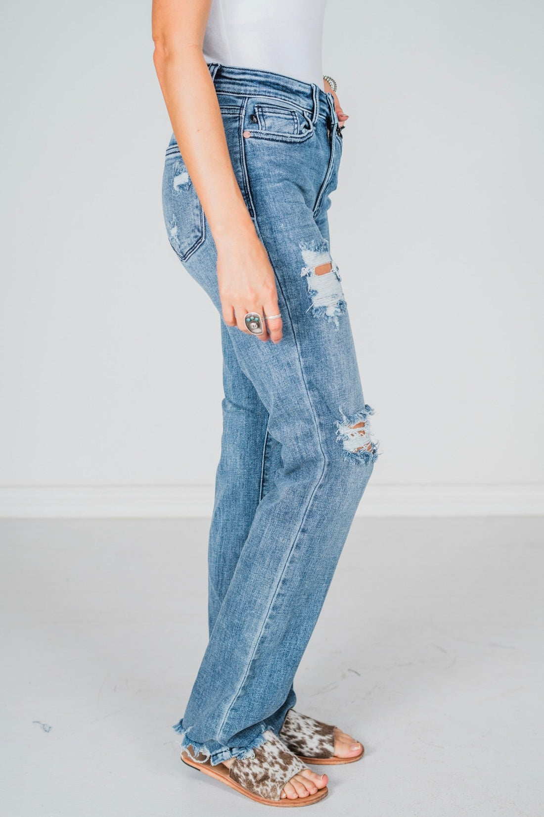 Judy Blue Mid - Rise Destroy Straight Jeans - Whiskey Skies - JUDY BLUE