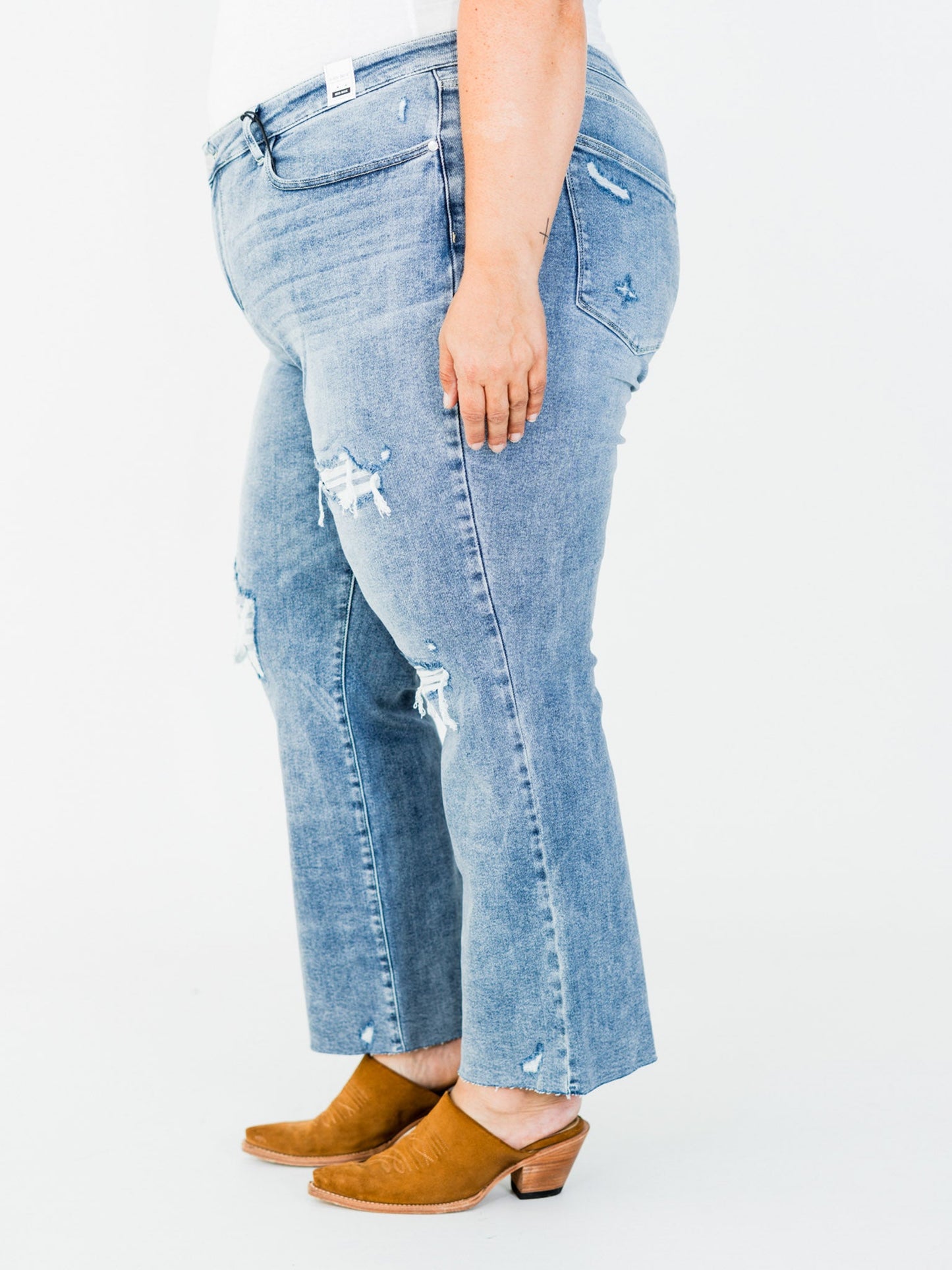 Judy Blue Mid Rise Distressed 90's Straight Leg Jeans - Whiskey Skies - JUDY BLUE