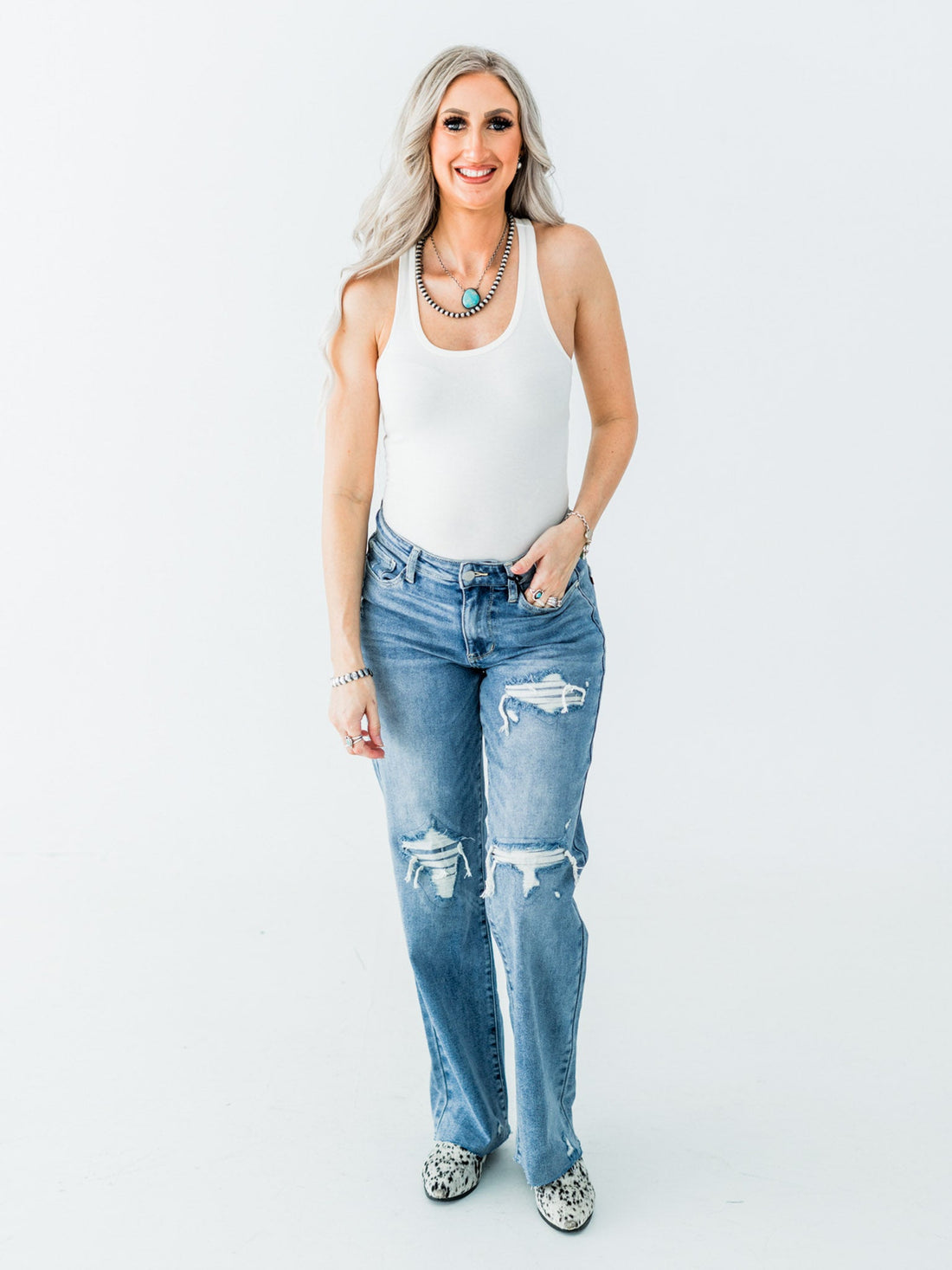 Judy Blue Mid Rise Distressed 90's Straight Leg Jeans - Whiskey Skies - JUDY BLUE