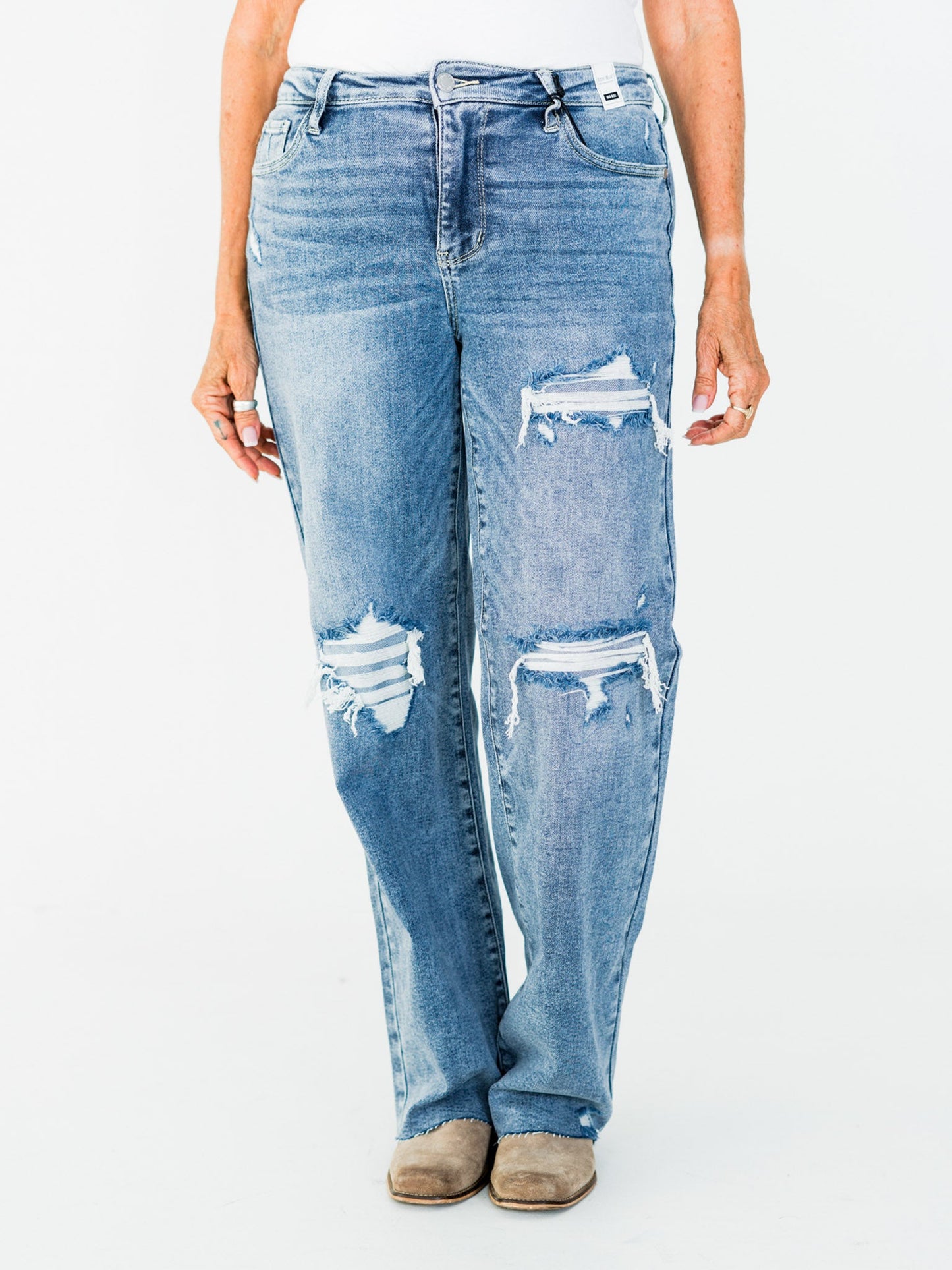Judy Blue Mid Rise Distressed 90's Straight Leg Jeans - Whiskey Skies - JUDY BLUE