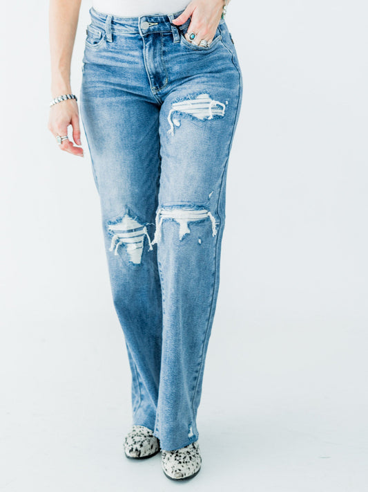 Judy Blue Mid Rise Distressed 90's Straight Leg Jeans - Whiskey Skies - JUDY BLUE