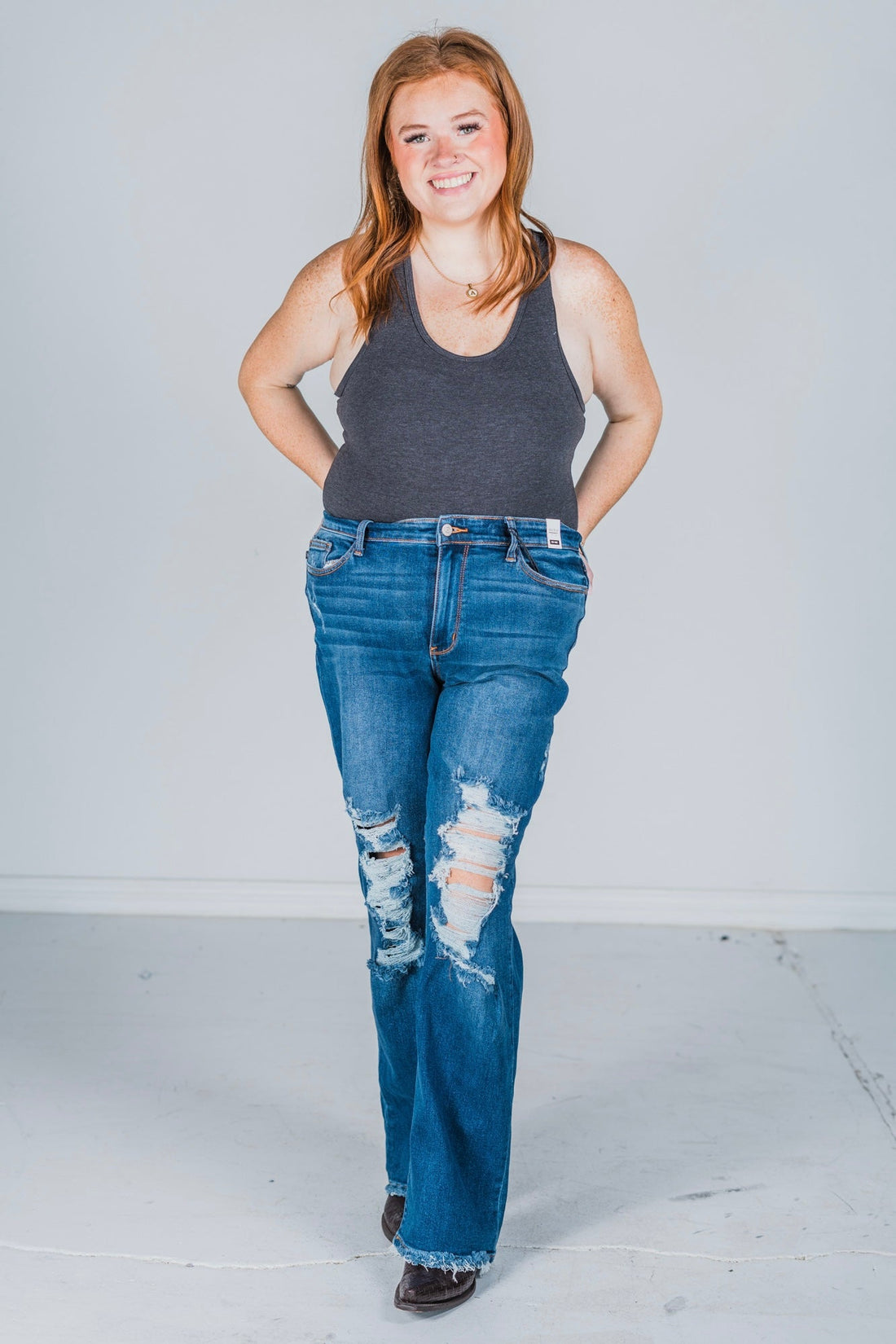 Judy Blue Mid Rise Distressed Dad Jeans - Whiskey Skies - JUDY BLUE