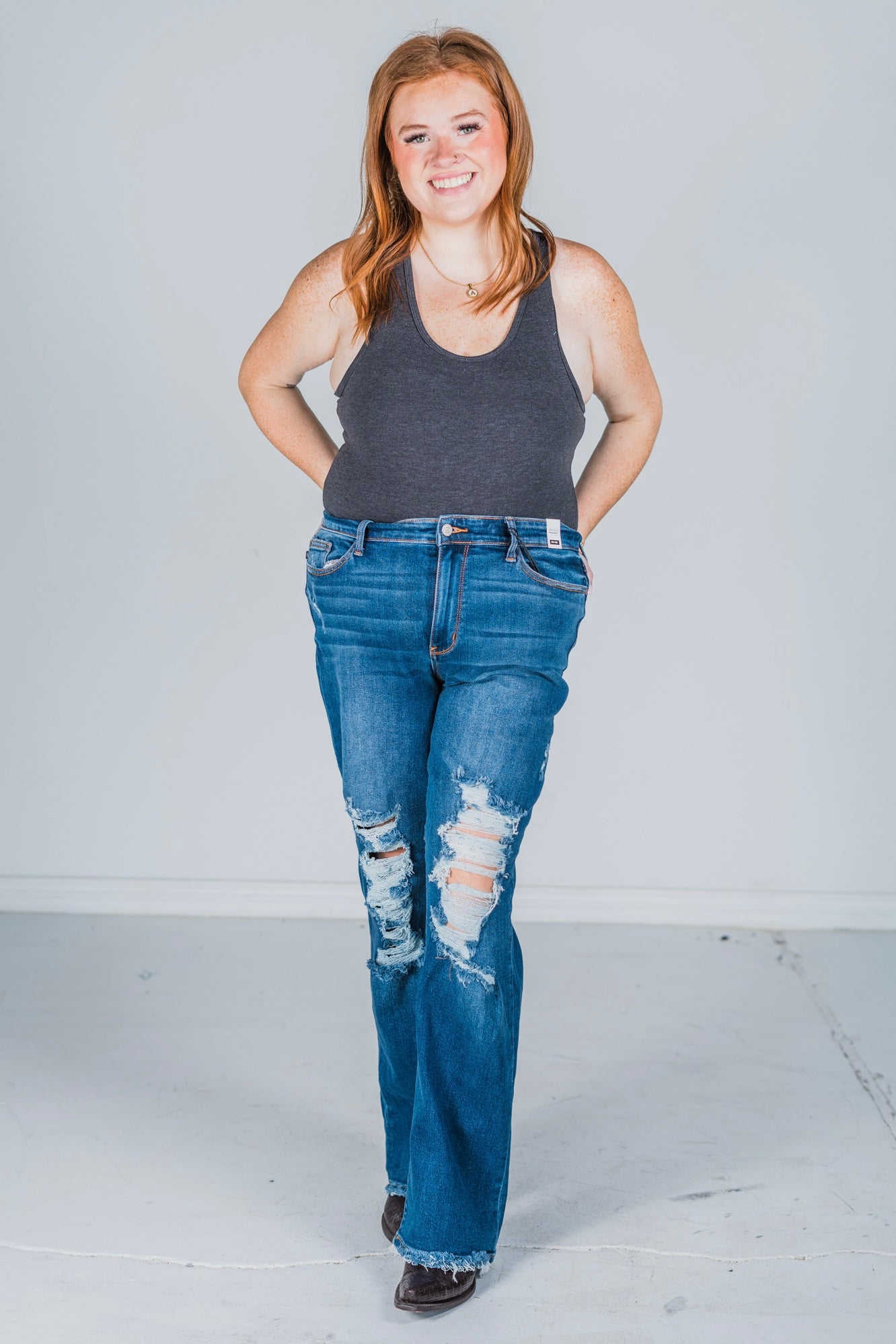 Judy Blue Mid Rise Distressed Dad Jeans - Whiskey Skies - JUDY BLUE