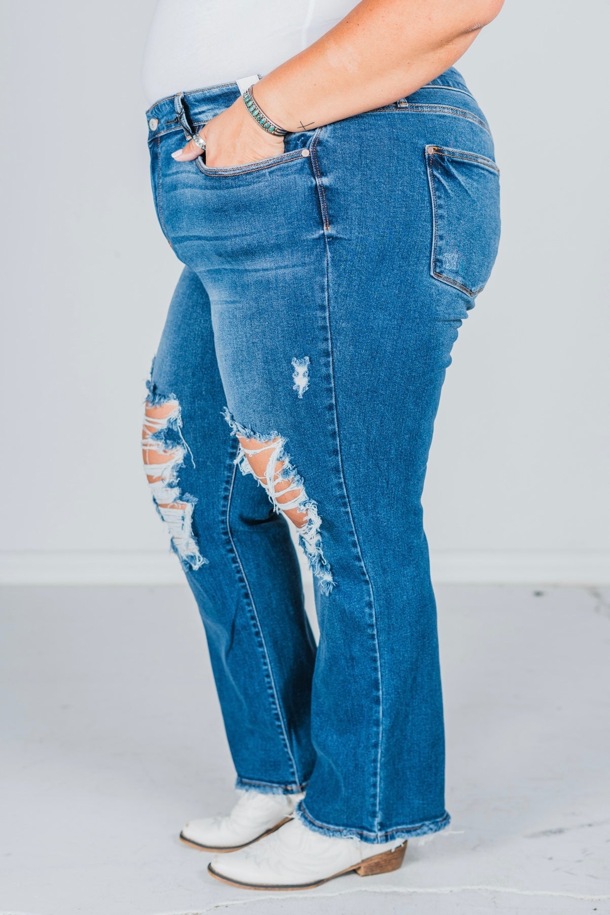 Judy Blue Mid Rise Distressed Dad Jeans - Whiskey Skies - JUDY BLUE