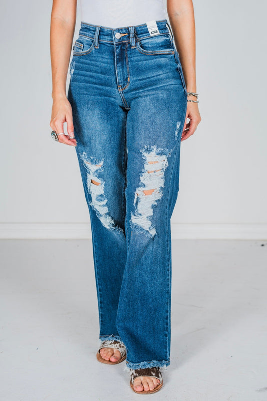 Judy Blue Mid Rise Distressed Dad Jeans - Whiskey Skies - JUDY BLUE