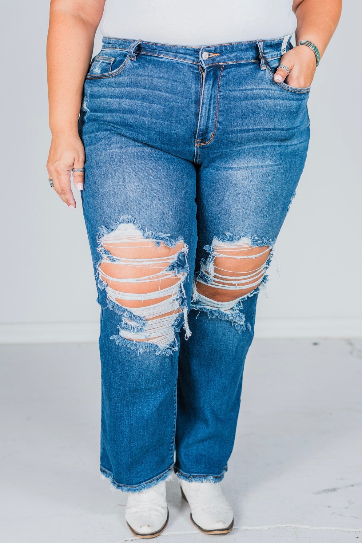 Judy Blue Mid Rise Distressed Dad Jeans - Whiskey Skies - JUDY BLUE