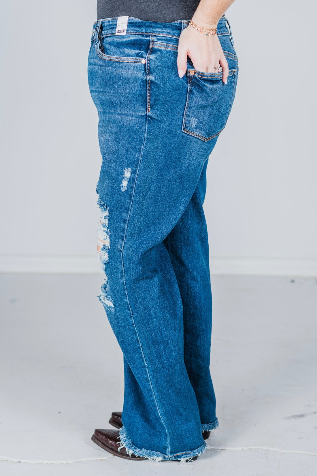 Judy Blue Mid Rise Distressed Dad Jeans - Whiskey Skies - JUDY BLUE