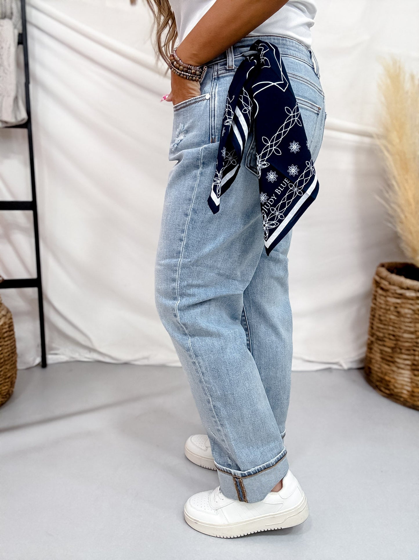 Judy Blue Mid Rise Distressed Knee Boyfriend Jeans W/ Bandana Loop - Whiskey Skies - JUDY BLUE